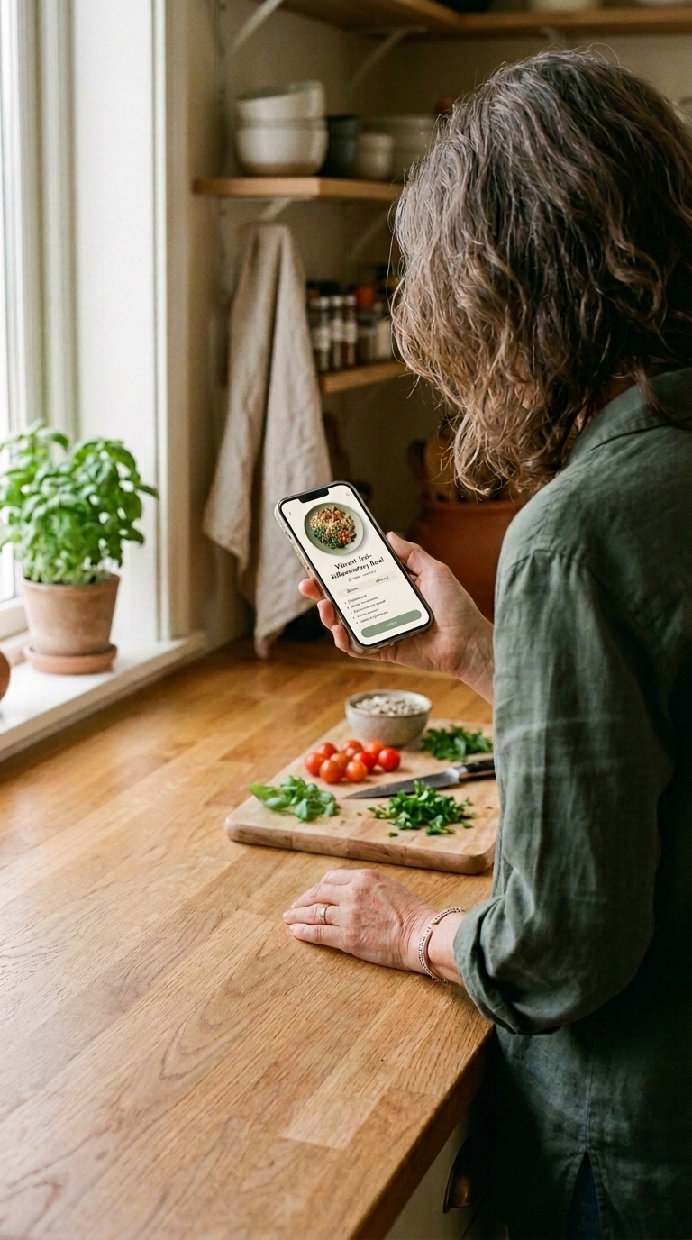 A woman checking a recipe on her phone while prepping vegetables in the kitchen